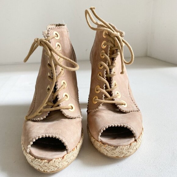 Stuart Weitzman Light Beige Suede Espadrille Detail Heeled Peep Toe Booties 7.5 - Picture 5 of 7